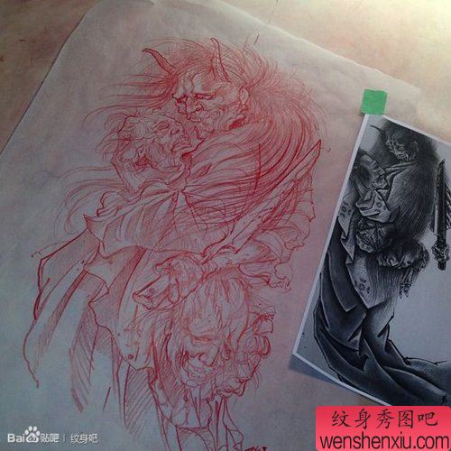 一幅很酷帅气的百鬼纹身手稿