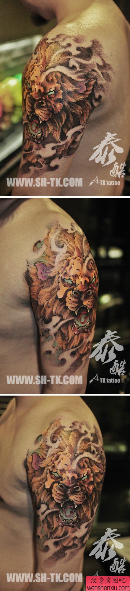 手臂霸气超酷的彩色狮头纹身图案