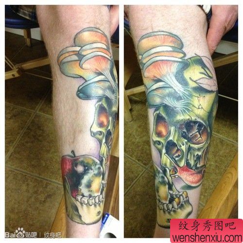 腿部流行很酷的一幅欧美彩色骷髅纹身图案