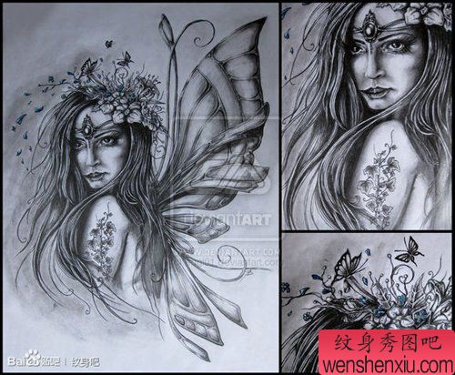 一幅唯美流行的蝴蝶精灵纹身图案
