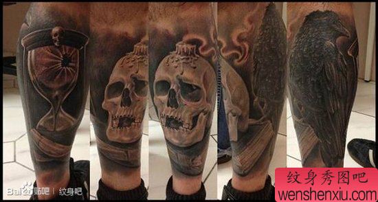 腿部流行很酷的骷髅乌鸦与沙漏纹身图案
