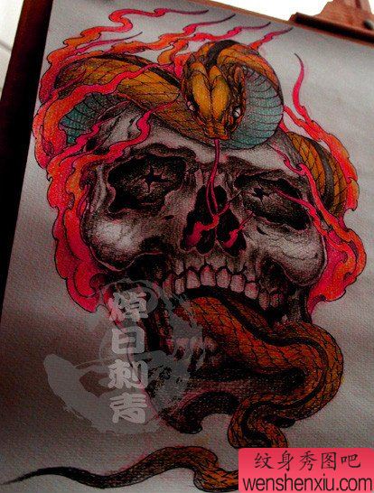 一幅很酷经典的蛇与骷髅纹身图案