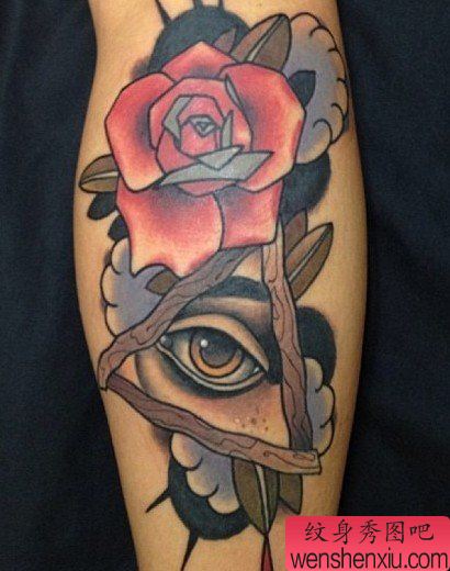 腿部很酷流行的上帝之眼与玫瑰纹身图案