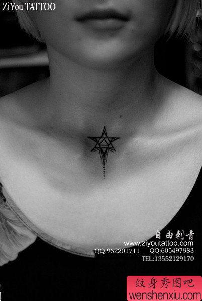 女生脖子处流行经典的五角星纹身图案