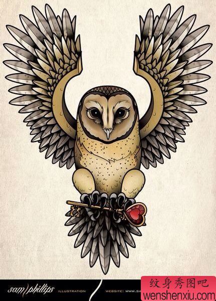 一幅经典时尚的猫头鹰纹身手稿