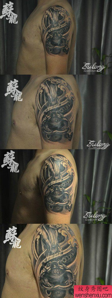 手臂一幅经典流行的金蝉佛手如意纹身图案