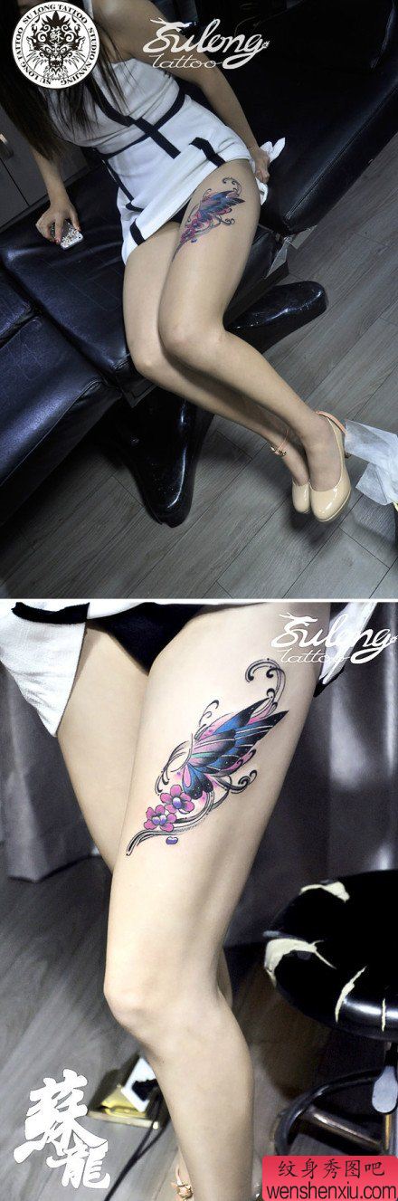 美女腿部精美好看的彩色蝴蝶纹身图案