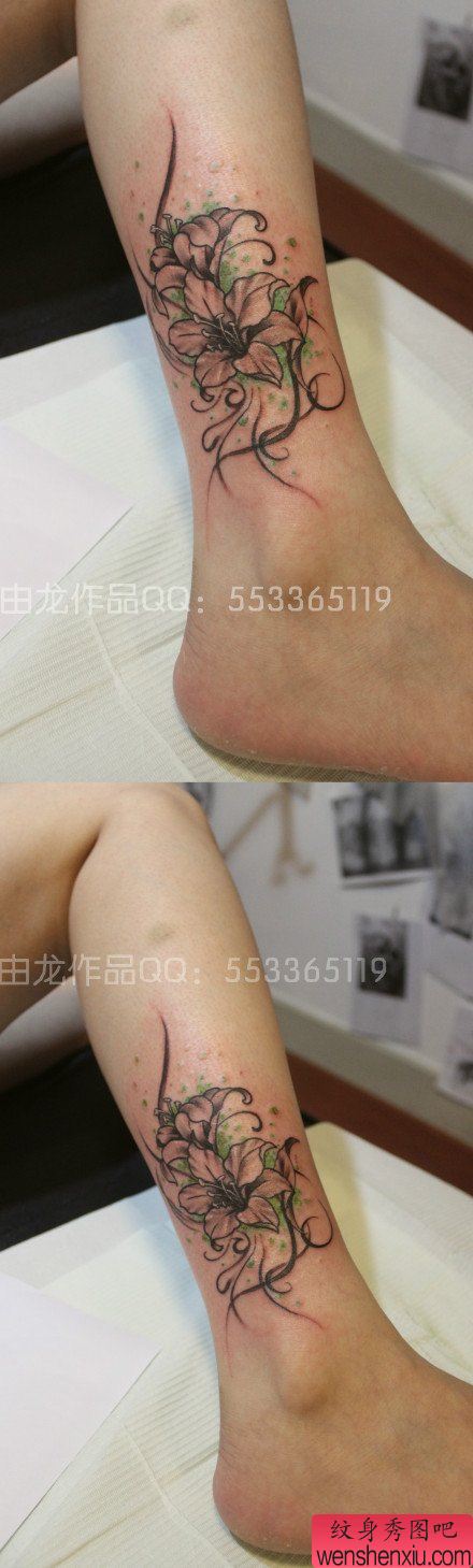 女生腿部流行唯美的黑白百合花纹身图案