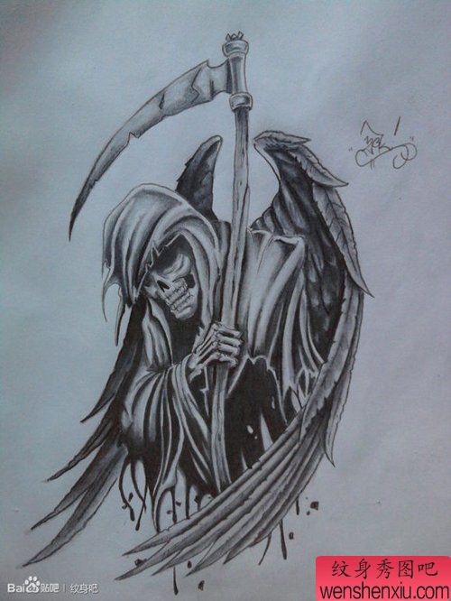 一幅流行很酷的黑白死神纹身手稿