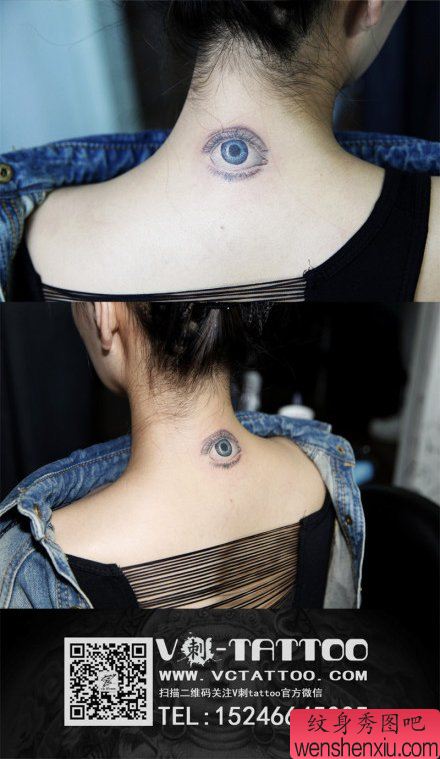 女生后脖子流行很酷的眼睛纹身图案