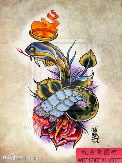 一幅流行流行的彩色蛇纹身手稿