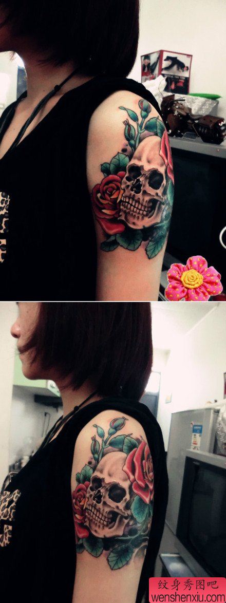 女生手臂经典流行的骷髅与玫瑰花纹身图案