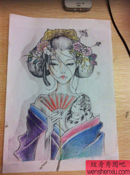一幅漂亮的艺妓美女纹身手稿