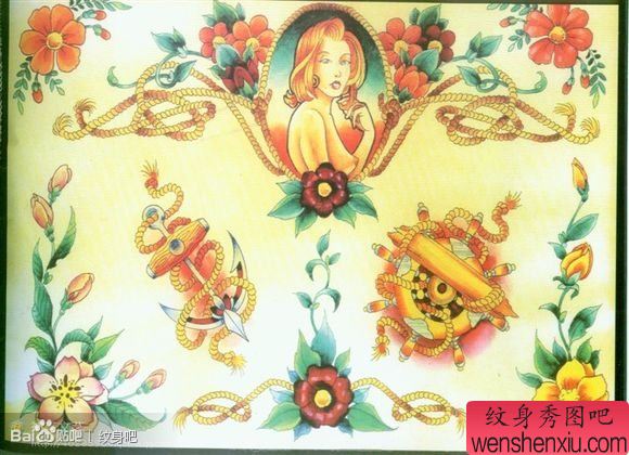 一组漂亮的船锚与船舵纹身手稿