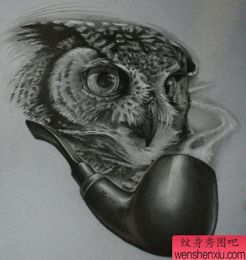 一幅经典超酷的黑白猫头鹰纹身手稿