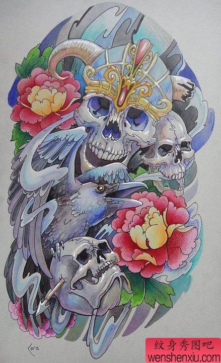 霸气超酷的骷髅与乌鸦纹身手稿