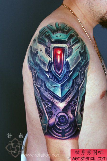 手臂超帅的彩色机械臂纹身图案