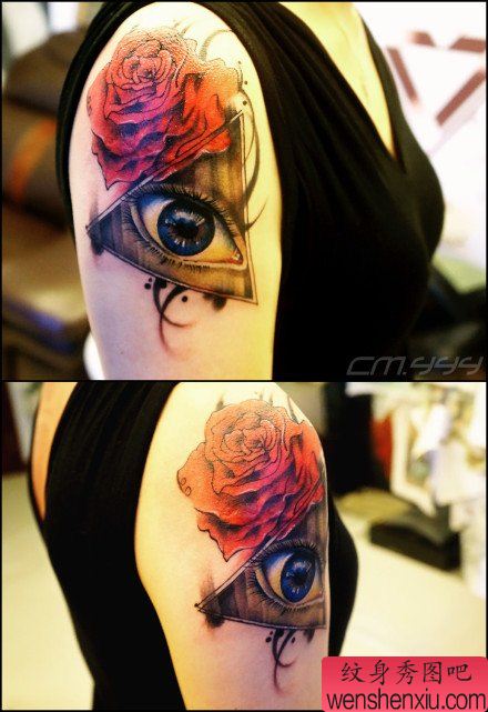 手臂漂亮流行的眼睛与玫瑰花纹身图案
