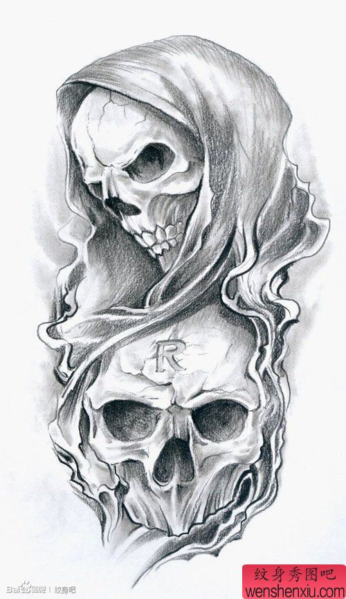 时尚经典的黑白死神与骷髅纹身手稿