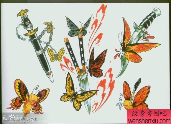 一幅漂亮精美的蝴蝶与匕首纹身手稿