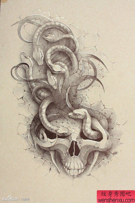 超帅流行的黑白骷髅与蛇纹身图案