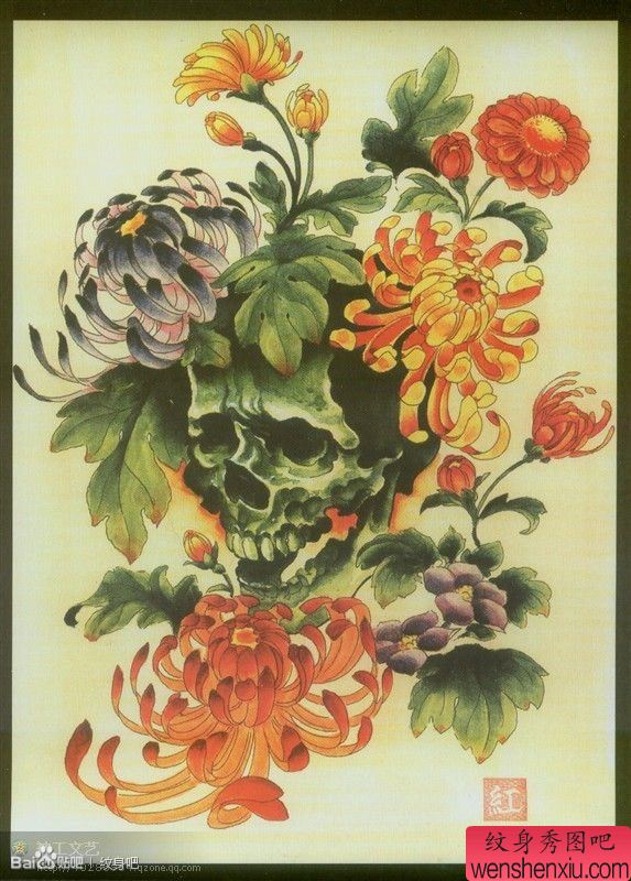 一幅漂亮流行的彩色骷髅与菊花纹身图案
