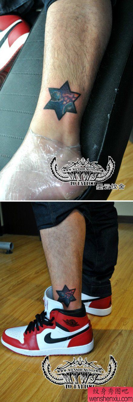 腿部流行唯美的星空五角星纹身图案