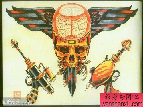 一组超酷的骷髅与手枪纹身手稿