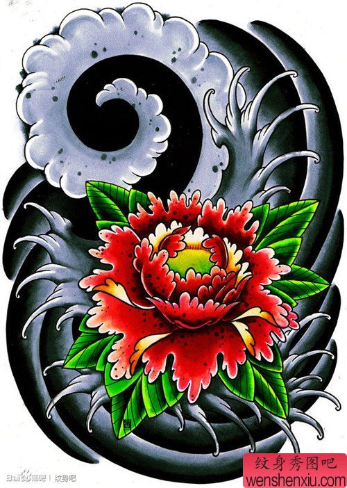 一幅流行漂亮的传统牡丹花纹身手稿