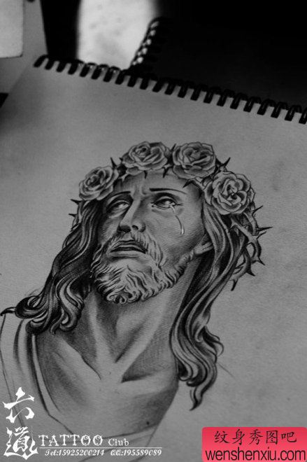 一幅经典时尚的耶稣肖像纹身手稿