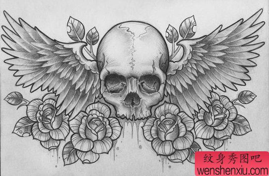 经典流行的一幅骷髅翅膀纹身手稿