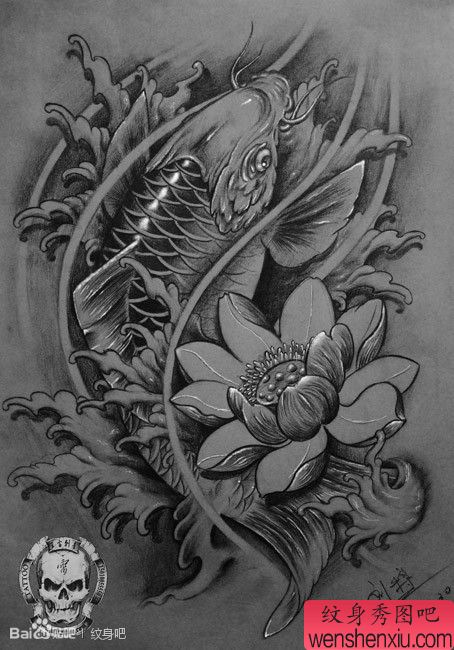 唯美流行的一幅黑白鲤鱼纹身手稿