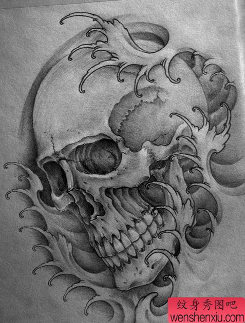 经典流行的黑白素描骷髅纹身手稿