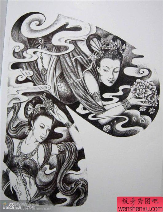 为你推荐一幅流行漂亮的半胛敦煌飞天纹身手稿图案图片