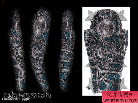 流行经典的花臂机械臂纹身图案