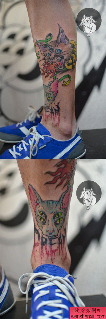 腿部流行经典的school风格的猫咪纹身图案