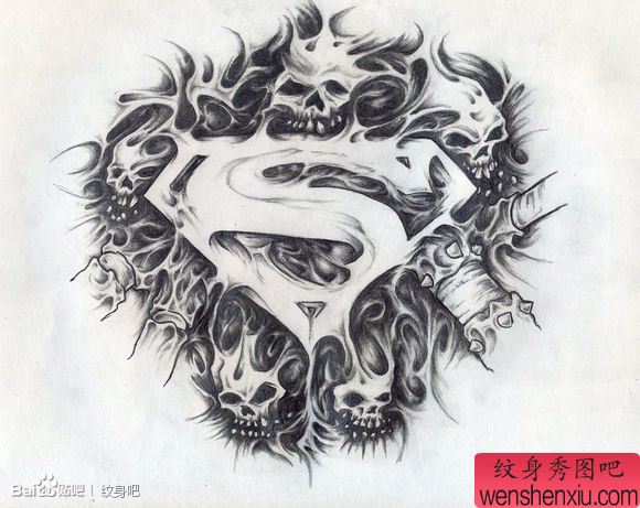 一幅流行流行的超人符号与骷髅纹身手稿