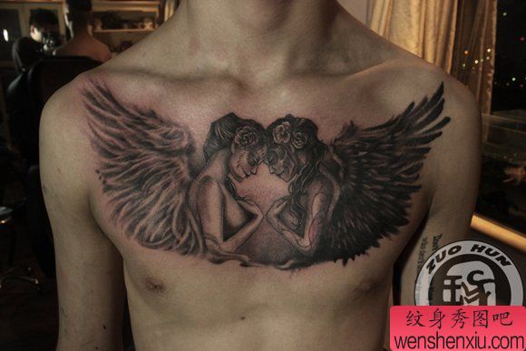 男性前胸经典经典的亡灵装天使纹身图案
