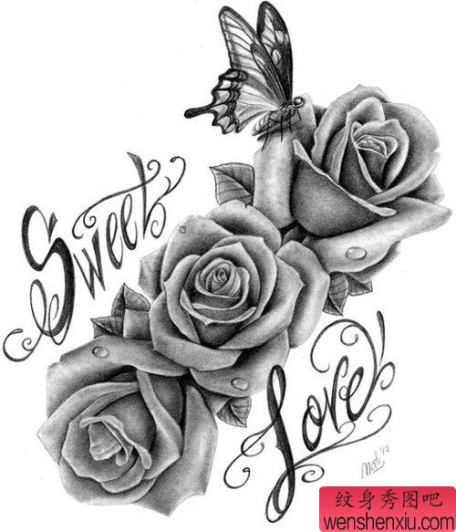 唯美流行的黑白玫瑰花纹身手稿