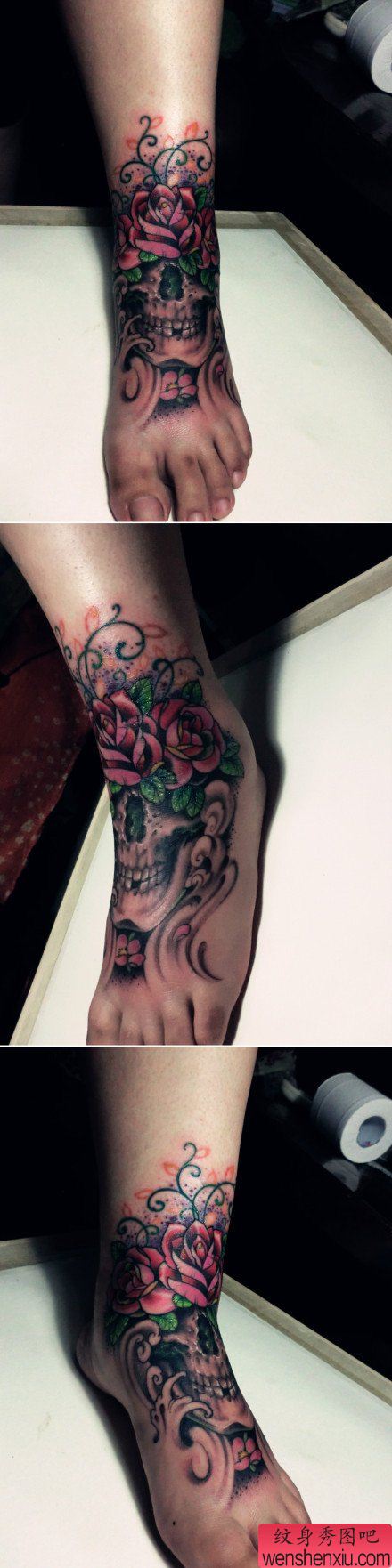 脚背流行经典的骷髅与玫瑰花纹身图案