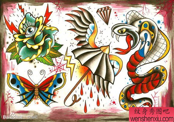 一组流行精美的school风格纹身手稿