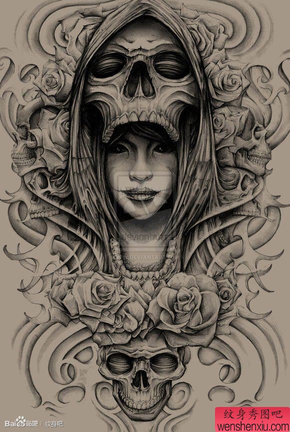 经典流行的一幅死神与美女纹身手稿