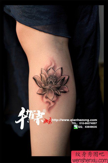 手臂唯美流行的一幅黑白莲花纹身图案