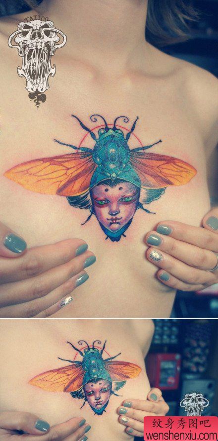 女生前胸流行流行的昆虫纹身图案