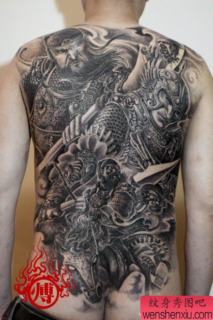 超酷霸气的满背关公赵云张飞纹身图案