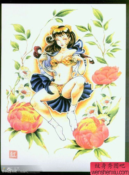 一幅流行性感的欧美美女纹身手稿