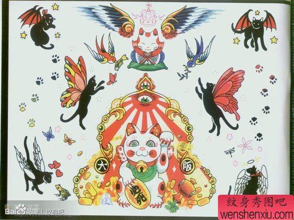 一组流行好看的招财猫纹身手稿