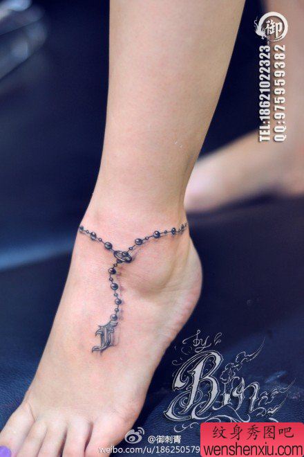 女生脚腕流行的脚链纹身图案