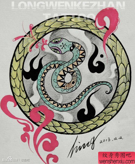 一幅经典流行的小蛇纹身手稿