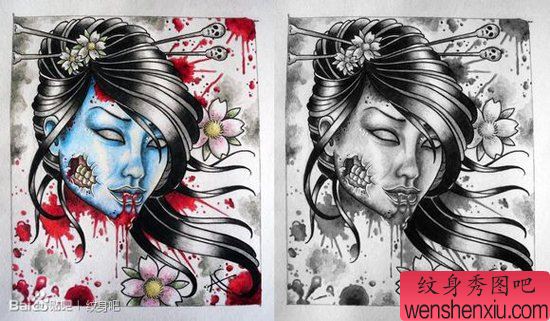 一幅超酷另类的美女纹身手稿